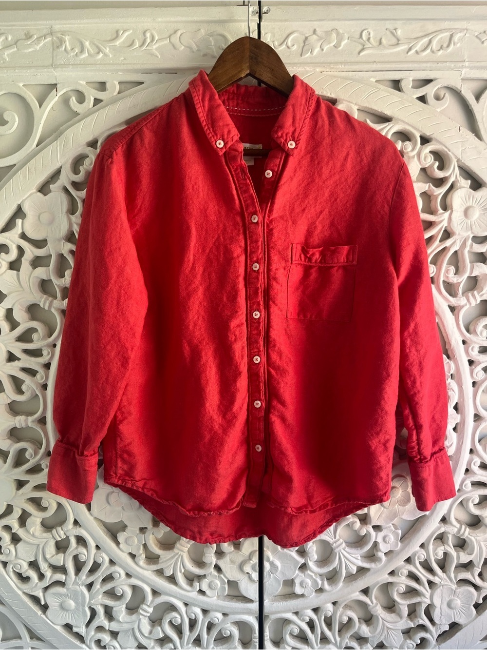 Maeve Anthropologie Linen Blend Button Up Shirt Coral Red XS
